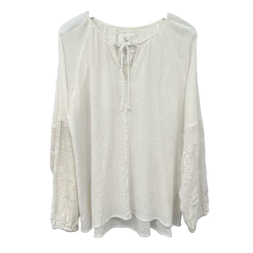 Cino Top Shirt Size XXLarge Embroidered White Long Balloon Sleeve Sheer Blouse - Picture 14 of 14